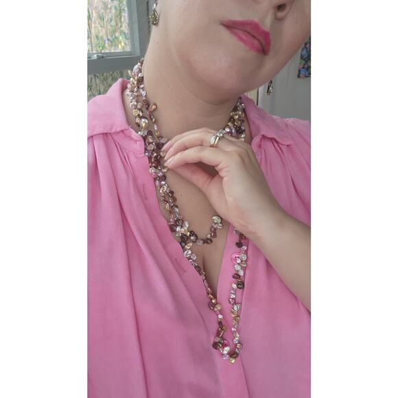 Long Strand Golden green Pink Keshi Pearl Necklace Artisan Genuine 34" Triple - Picture 7 of 11